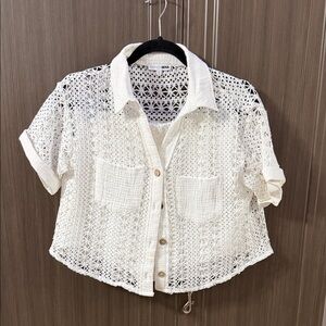 Fashion Nova Ivory Crochet Button-Front Shirt and matching shorts.